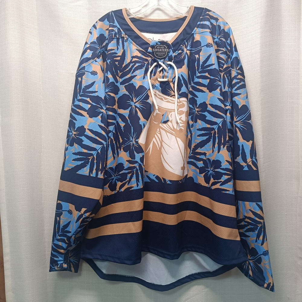 Men's League Sweaters XL Custom Jersey Blue‎ Gold Hawaiian Pope Holding Hotdog